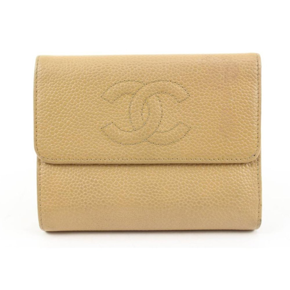 Chanel Beige Caviar CC Logo Trifold Compact Wallet 43ck224s